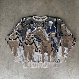 Vintage 90s Crossings Jockey Equestrian Horse Rider Woven Cotton Sweater - men’s